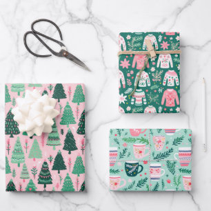 Feuille De Papier Cadeau Poussette et chandail de Noël rose et vert Preppy