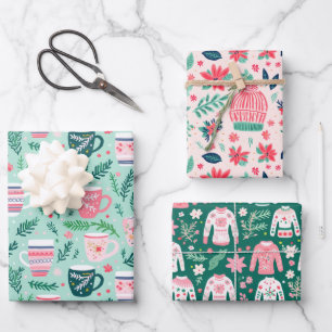Feuille De Papier Cadeau Poussettes de Noël rose et vert Preppy Sweaters & 