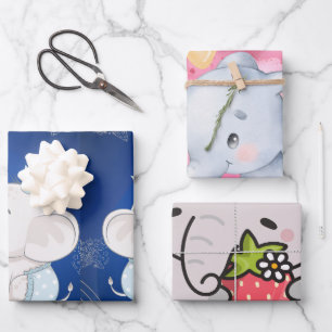 Feuille De Papier Cadeau Premier anniversaire d'un bébé éléphant mignon