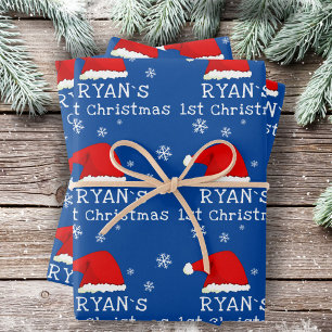 Feuille De Papier Cadeau Premier Noël du bébé Feu de neige bleu Père Noël