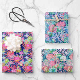 Feuille De Papier Cadeau Preppy Palm Beach Ocean Shell Crab Flowers Motif