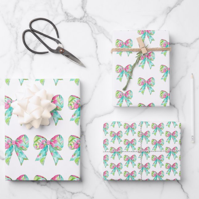 Feuille De Papier Cadeau Préppy - Vaches rose et verte (Recto)