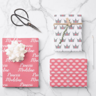 Feuille De Papier Cadeau Princesse rose Nom et princesse couronnes