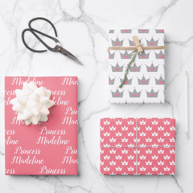 Feuille De Papier Cadeau Princesse rose Nom et princesse couronnes (Recto)
