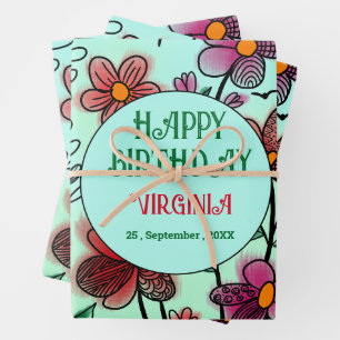 FEUILLE DE PAPIER CADEAU PRINTEMPS UNIQUE ROUGE DOODLE FLEURS ANNIVERSAIRE
