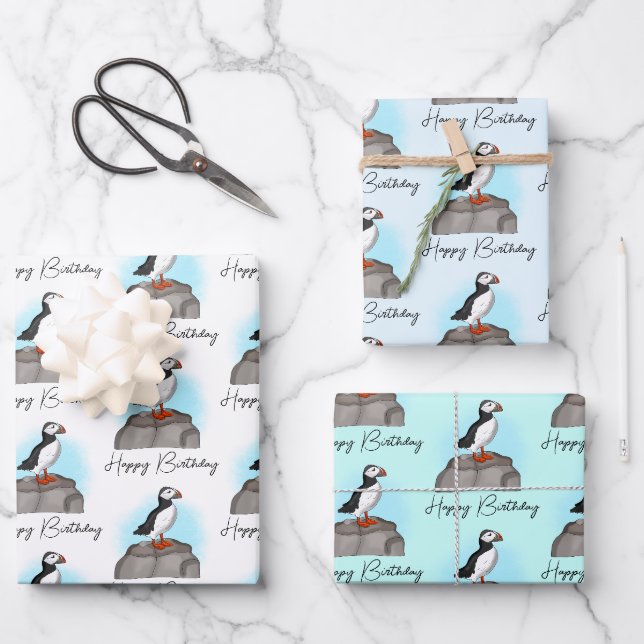 Feuille De Papier Cadeau Puffin d'anniversaire personnalisé (Recto)