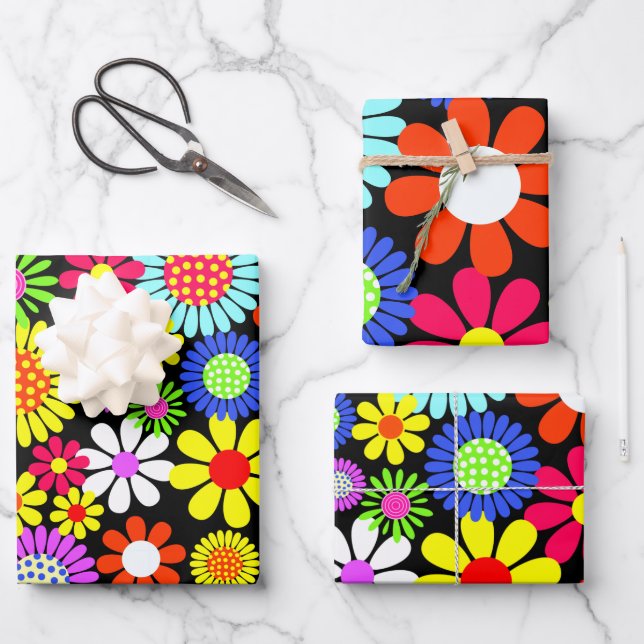 Feuille De Papier Cadeau Puissance de fleur hippie de printemps rétro (Recto)