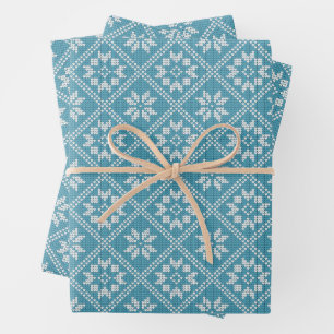 Feuille De Papier Cadeau Pullover Tricoté Motif Fair Isle Bleu de Noël
