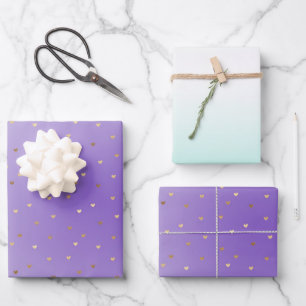 Feuille De Papier Cadeau Purple Aqua Ombre Gold Hearts Aimer