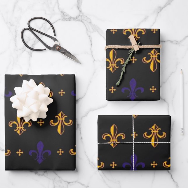 Feuille De Papier Cadeau Purple et Gold Fleurs De Lis (Recto)
