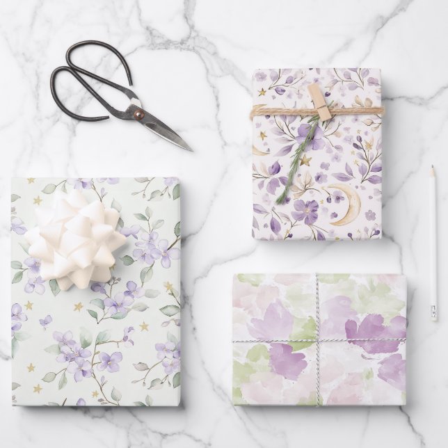 Feuille De Papier Cadeau Purple Flowers Gold Stars Moons Birthday (Recto)