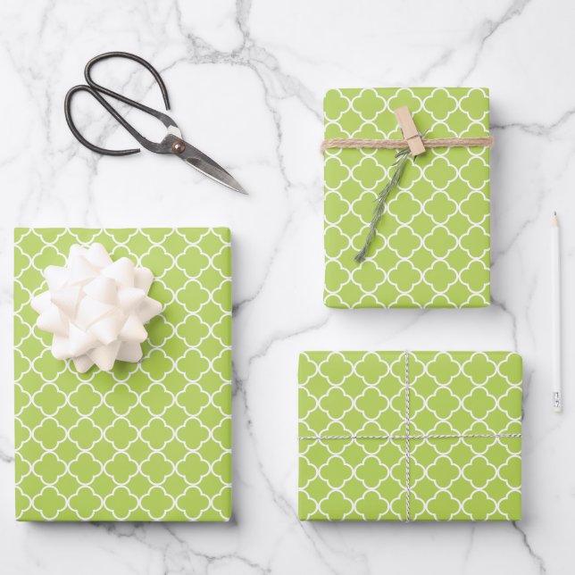 Feuille De Papier Cadeau Quatrefoil vert, Latticework, Trellis marocain (Recto)