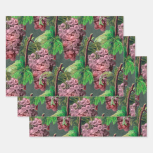 Feuille De Papier Cadeau Raisins et vignes Vintages et violets sur vert