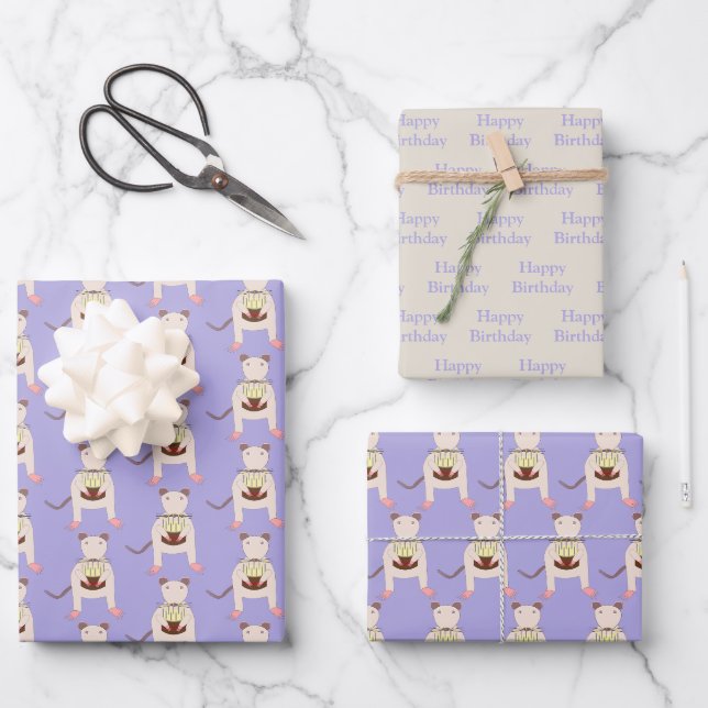 Feuille De Papier Cadeau Rat de Siamese avec gâteau d'anniversaire (Recto)