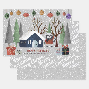Feuille De Papier Cadeau Raton laveur d'hiver, Joyeux Noël et flocons de ne