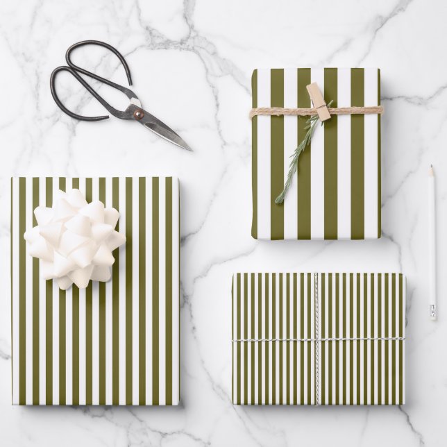 Feuille De Papier Cadeau Rayures Brun Verdâtre et Blanc (Recto)