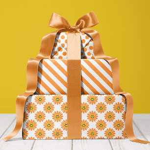 Feuille De Papier Cadeau Rayures de fleurs de marguerite orange pois