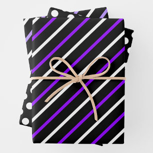 Feuille De Papier Cadeau Rayures et pois violets, noirs et blancs amusants