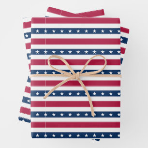 Feuille De Papier Cadeau Rayures patriotiques avec étoiles (horizontal)