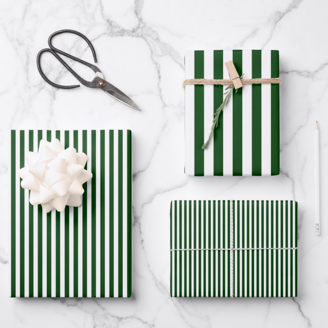 Feuille De Papier Cadeau Rayures vert forêt et blanc (Recto)