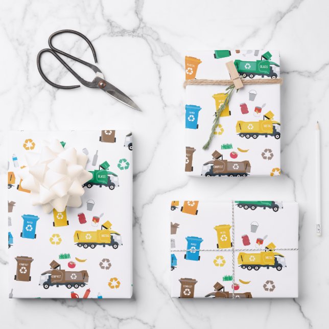 Feuille De Papier Cadeau Recyclage coloré Camions-poubelles et poubelles (Recto)