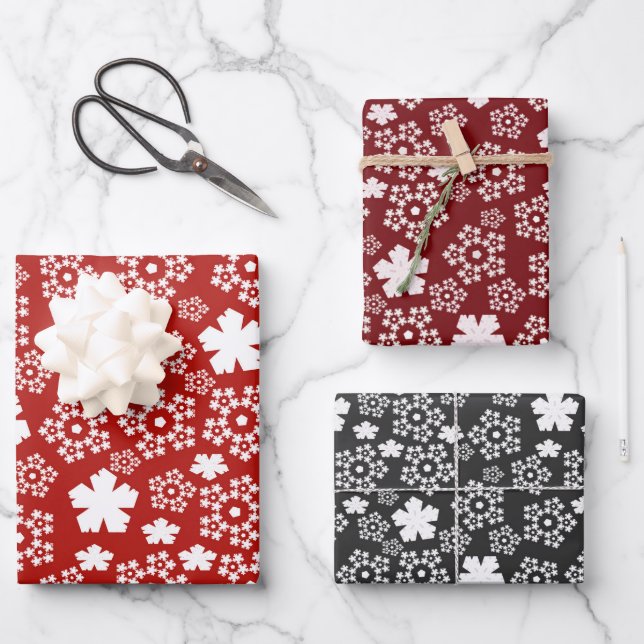 Feuille De Papier Cadeau Red, Black & White Star & Snowflake Motif (Recto)