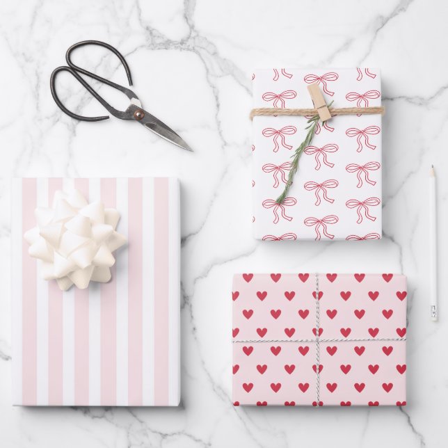 Feuille De Papier Cadeau Red Bow Hearts Valentine's Day Gifts (Recto)