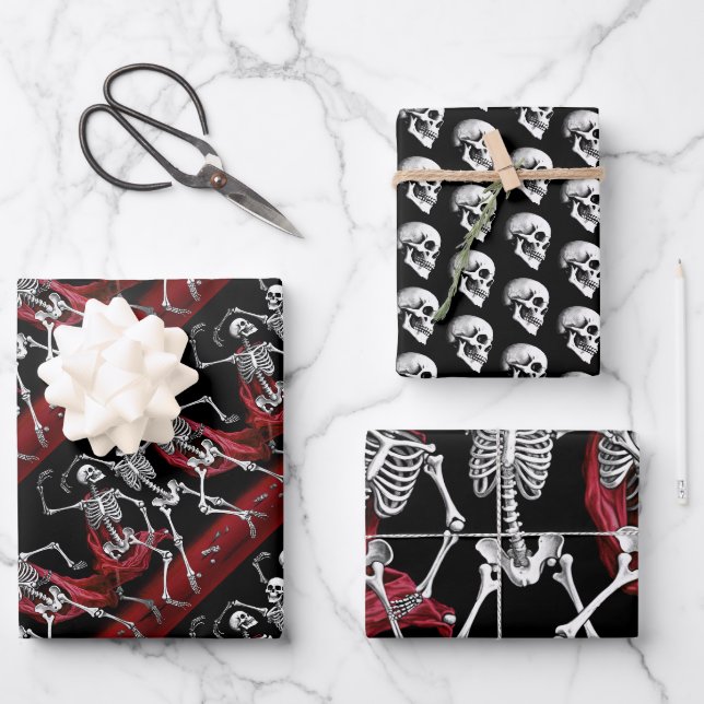 Feuille De Papier Cadeau Red Death Dancing Skeletons Mariage gothique (Recto)
