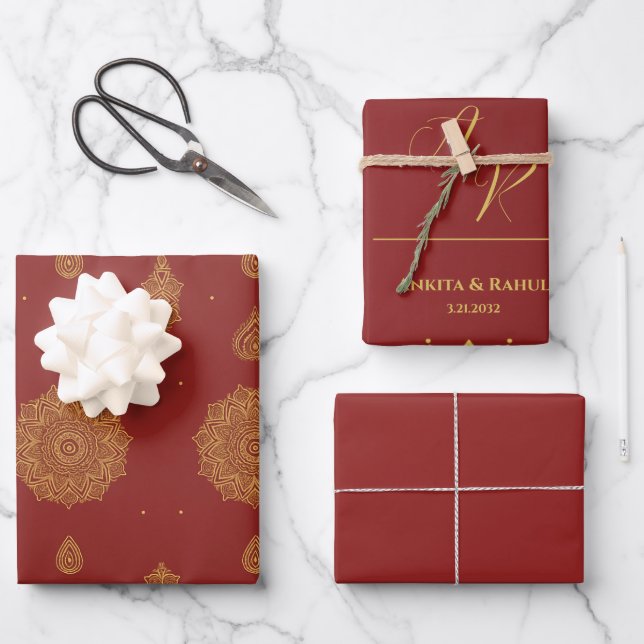 Feuille De Papier Cadeau Red Gold Mandala Monogram Mariage indien (Recto)