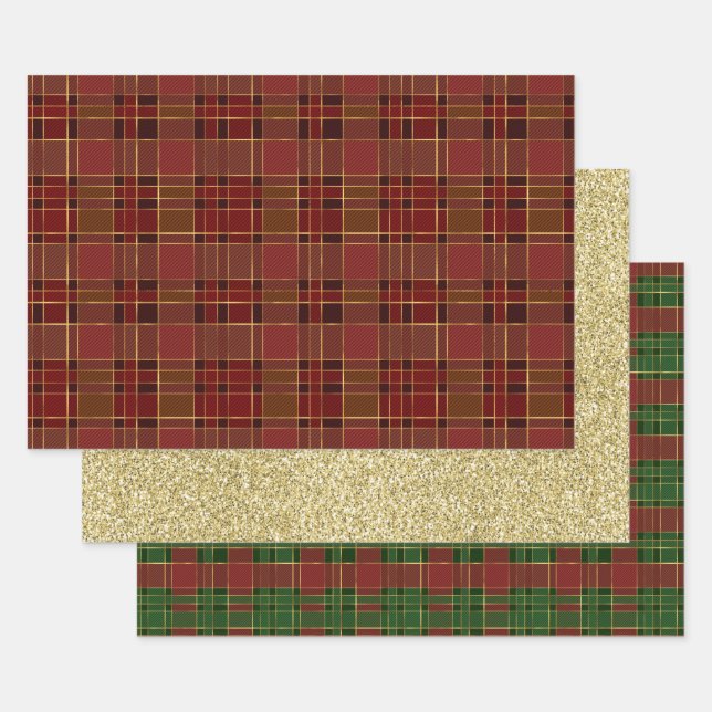 Feuille De Papier Cadeau Red Gold Plaid  (Lot)