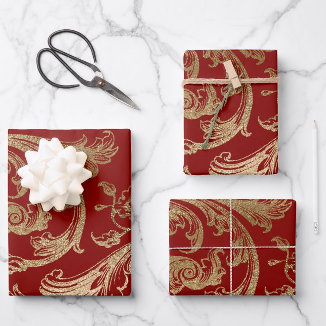 Feuille De Papier Cadeau Red Gold Rococo Baroque Swirl (Recto)