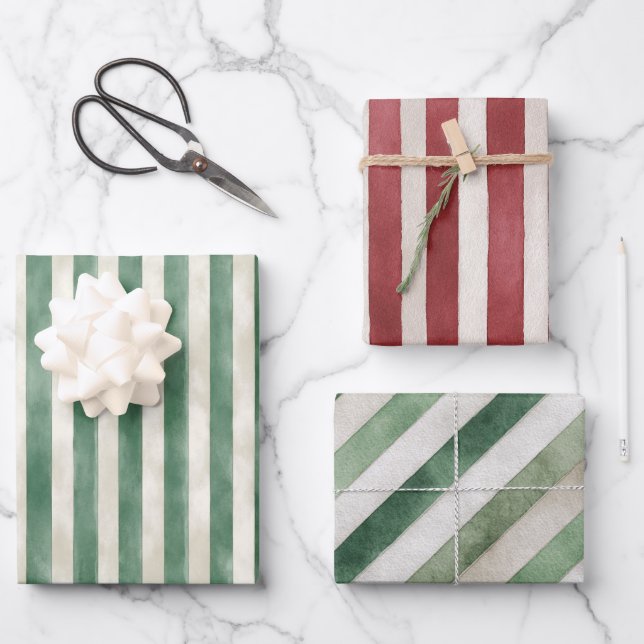 Feuille De Papier Cadeau Red Green Cream Stripes Christmas (Recto)
