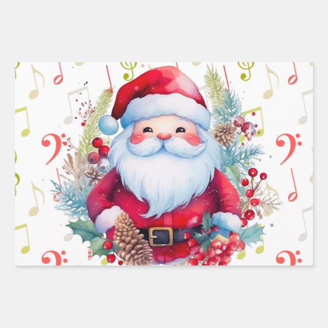 Feuille De Papier Cadeau Red Green Music Notes et le Père Noël (Devant)