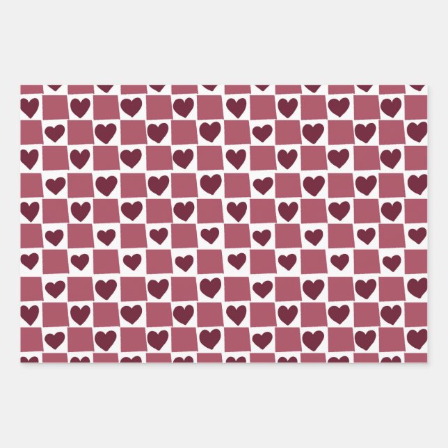Feuille De Papier Cadeau Red Heart Checkerboard Pattern (Devant)