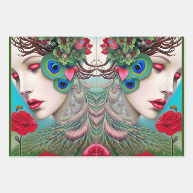Feuille De Papier Cadeau Red Lips et Rose Peacock Abstrait (Devant 3)