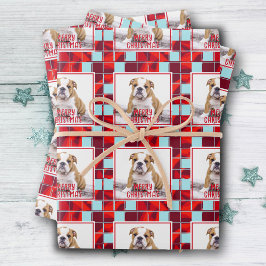 Feuille De Papier Cadeau Red Plaid Bulldog Chien photo Joyeux Noël