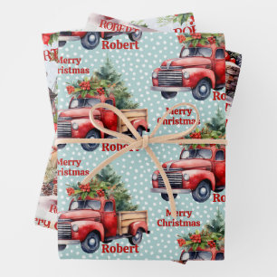 Feuille De Papier Cadeau Red Truck Ajouter un nom Joyeux Noël 3