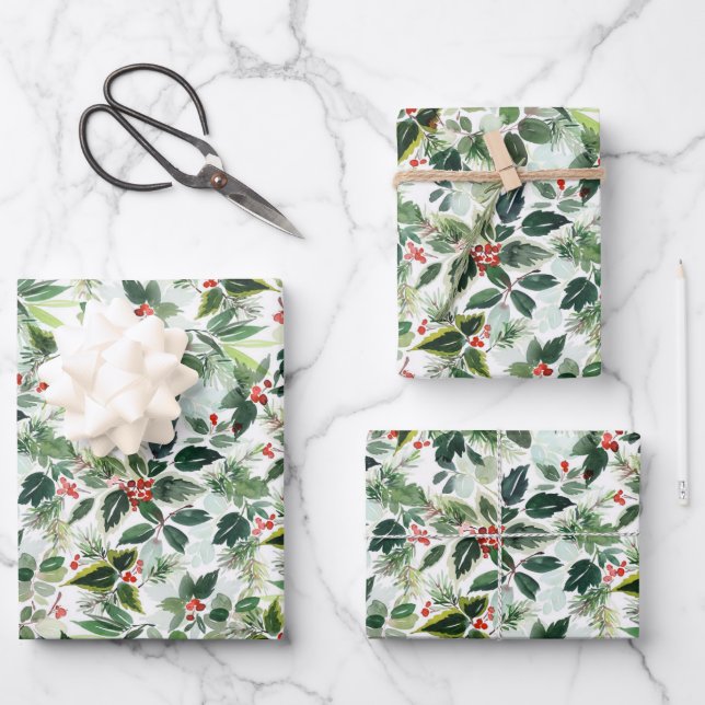 Feuille De Papier Cadeau Red Variegated Winterberries Motif Noël (Recto)