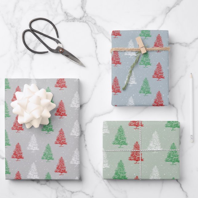 Feuille De Papier Cadeau Red White Green Timped Snowy Noël Arbres (Recto)