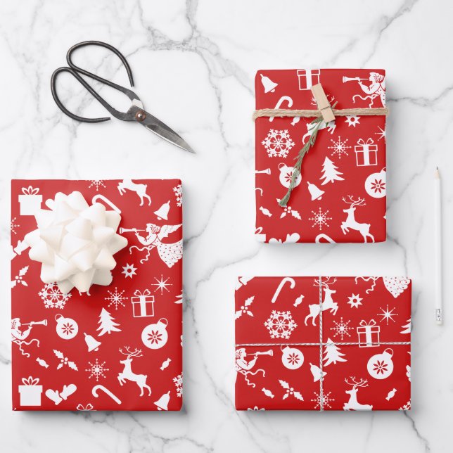 Feuille De Papier Cadeau Red White Snowflakes Reindeer Angles Noël (Recto)