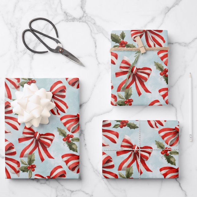 Feuille De Papier Cadeau Red White Striped Bows Christmas Holly (Recto)