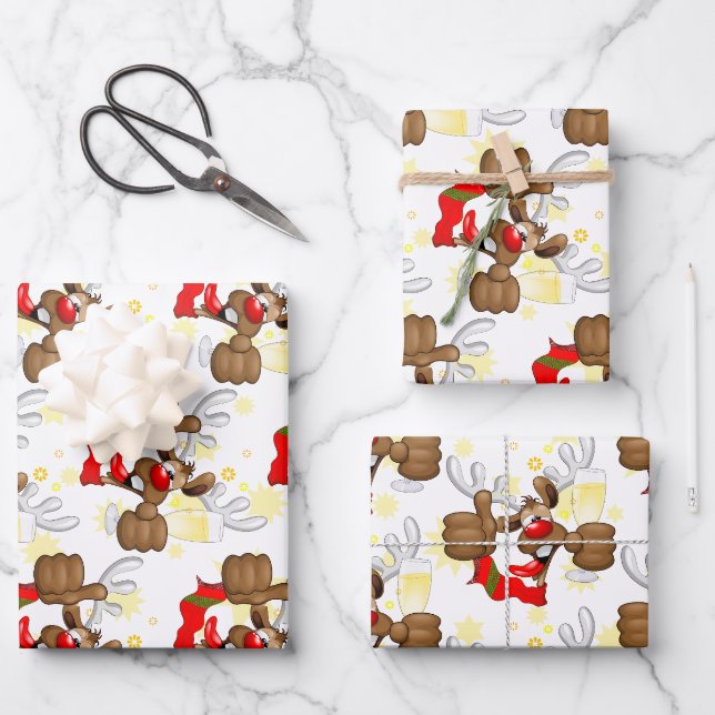 Feuille De Papier Cadeau Reindeer Drunk Funny Caractère de Noël (Recto)