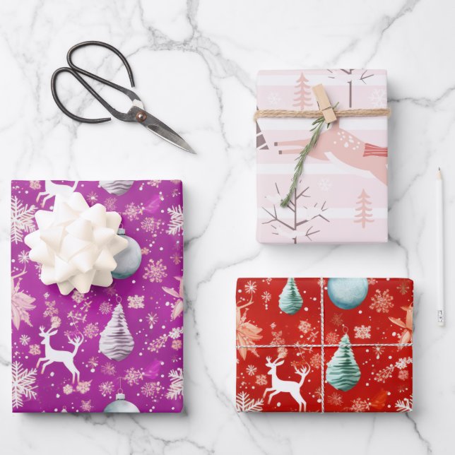 Feuille De Papier Cadeau Reindeer moderne et arbres de Noël Noël (Recto)