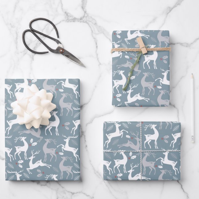 Feuille De Papier Cadeau Reinder de Noël Silver (Recto)