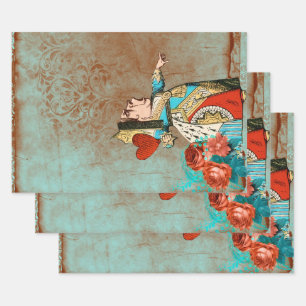 Feuille De Papier Cadeau Reine des Coeurs Turquoise et rouille