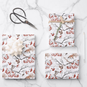 Feuille De Papier Cadeau renard - hibou - écureuil - branches d'arbres