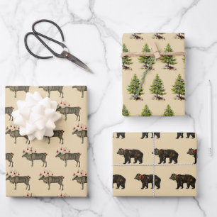 Feuille De Papier Cadeau Renne, ours et pins des Vacances