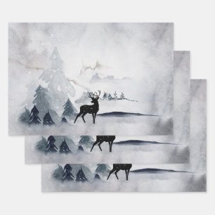 Feuille De Papier Cadeau Rennes dans l'Aquarelle gris sauvage Noël