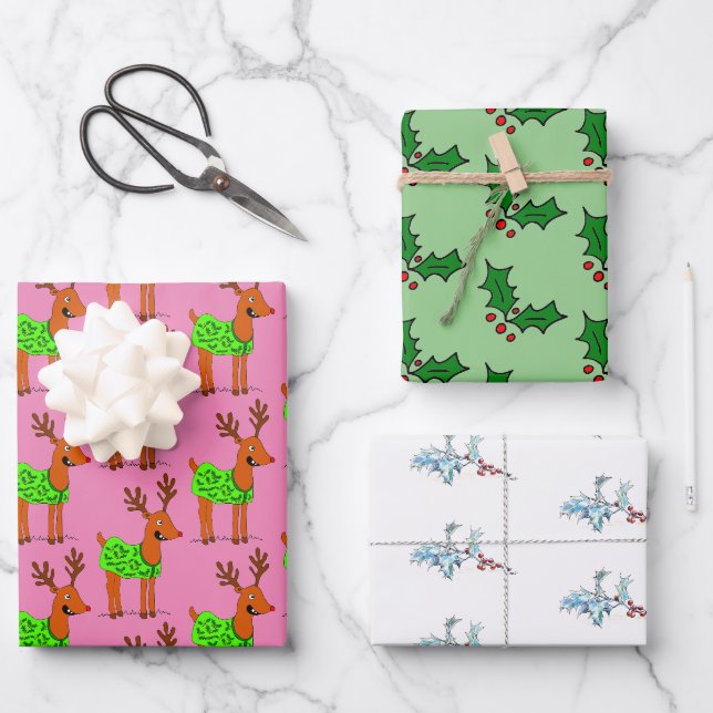 Feuille De Papier Cadeau Rennes de Noël et saint (Recto)
