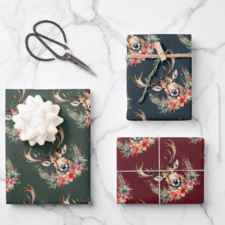 Feuille De Papier Cadeau Rennes de Noël florales